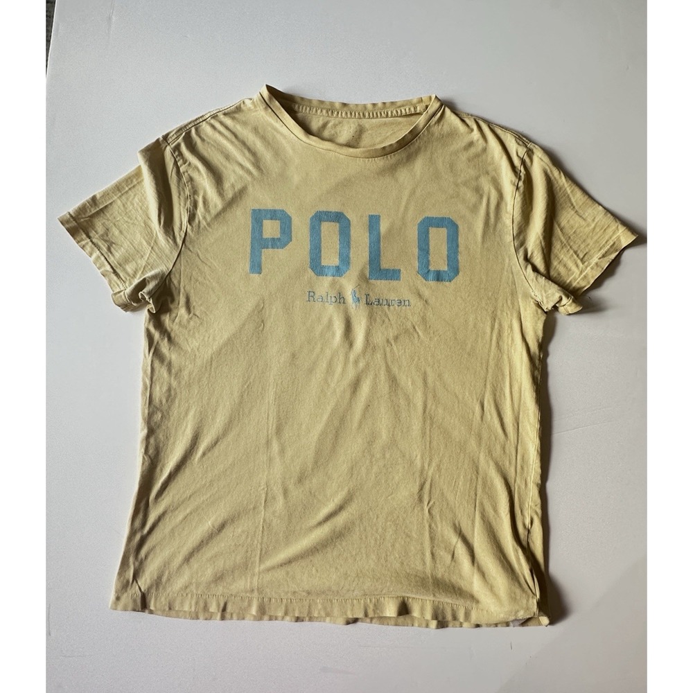 Polo by Ralph Lauren Vtg GRUNGE Yellow w/ Blue Spellout Sngl Stitch Tshirt SM/MD